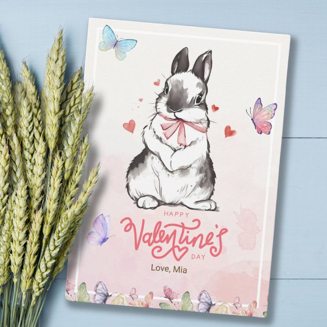 Stollig Rosa Butterflies & Bunny Valentine Day Kort (Whimsy Pink Butterflies & Bunny Valentine's Day Card)