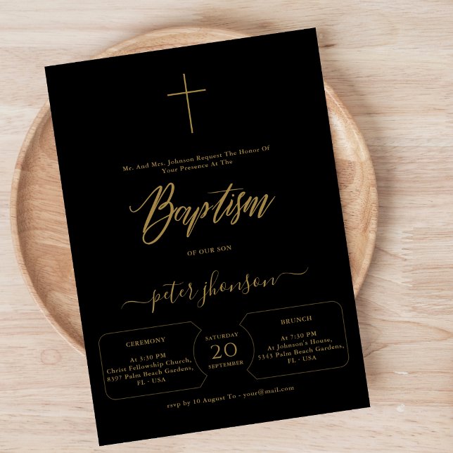 Stollig Script Black & Guld Kön Neutral Baptism Inbjudningar (Skapare uppladdad)