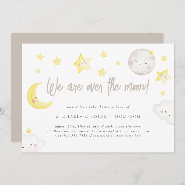 Stollig vattenfärg vi är över Måne-babyskorna Inbjudningar (Fram/baksida)