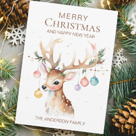 Stollig Vattenfärgad jul Ornament Reindeer Flat Julkort
