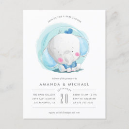 Stollig Watercolor Elephant Blue Boy's Baby Shower Inbjudan Vykort