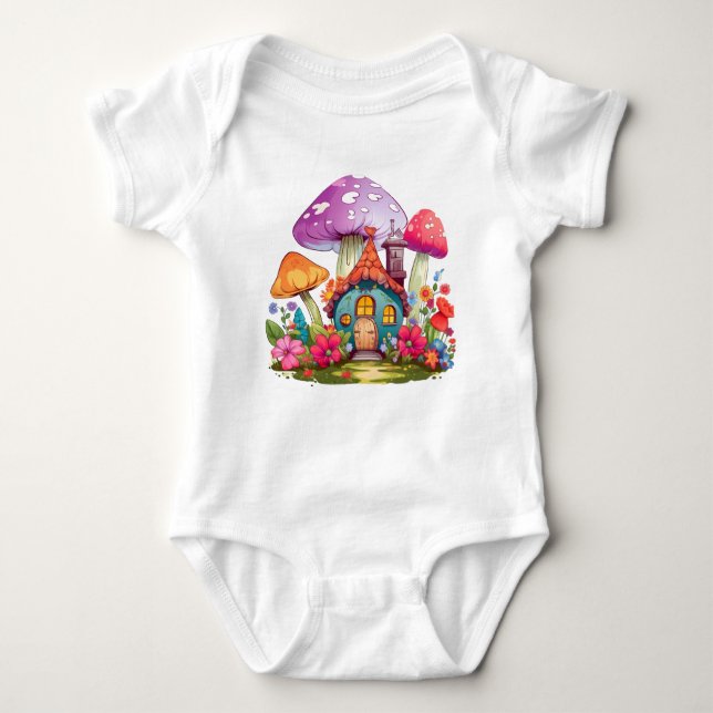 Stollig Wonderland Mushroom House Baby Bodykostydr T Shirt (Framsida)