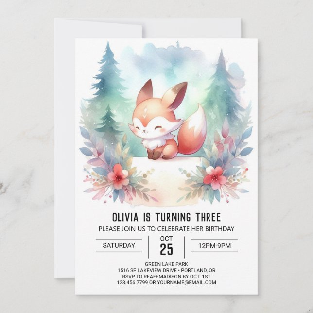 Stollig Woodland Fox Birthday digital Inbjudningar (Framsida)