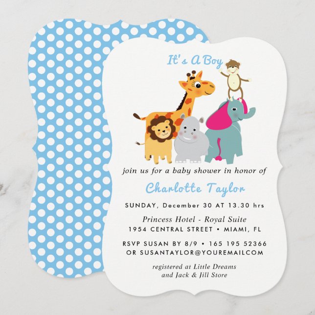Stollig Zoo Animals Cute Boys Baby Shower Inbjudan (Fram/baksida)