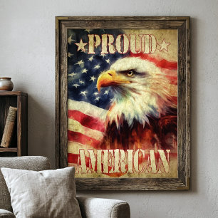 Stolt amerikan. Vitvingad havsörn och USA:s flagga Fototryck