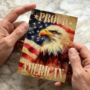 Stolt amerikan. Vitvingad havsörn och USA:s flagga Vykort