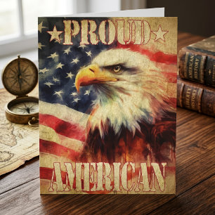 Stolt amerikan. Vitvingad örn och USA:s flagga  Tack Kort