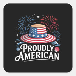 stolt amerikansk - Patriotic Beach Sunhat Fyrkantigt Klistermärke