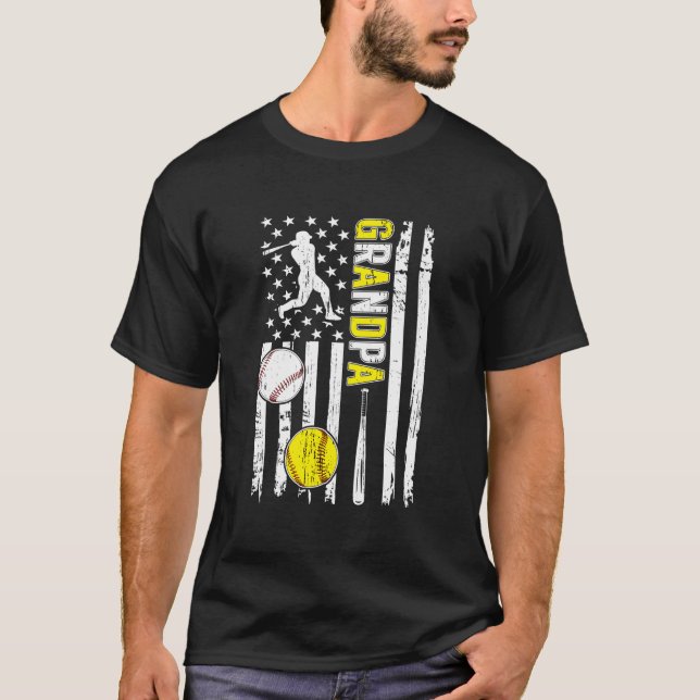 Stolt baseboll softboll farfar amerikansk flagga t shirt (Framsida)