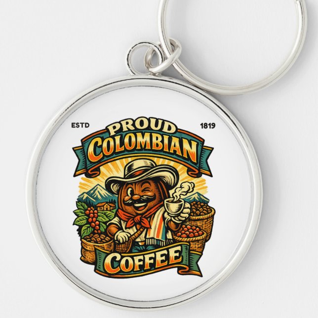 Stolt colombiansk kaffe rund silverfärgad nyckelring (Framsidan)