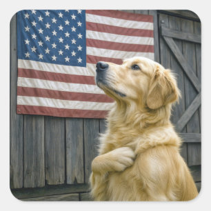 Stolt Golden Retriever Med Amerikansk Flagga Fyrkantigt Klistermärke