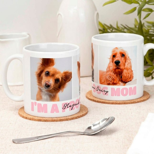 Stolt hundmamma present Anpassad fotokollage Rosa Kaffemugg (Proud Dog Mom Photo Collage Mug)