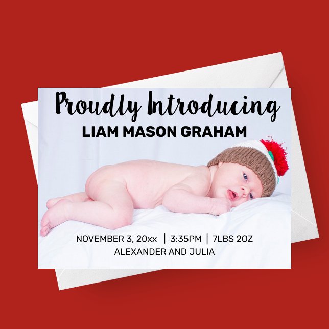 stolt introducerar födelsemeddelande meddelande (Modern Script Proudly Introducing Photo Birth Announcement Card)