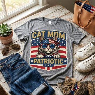 Stolt Patriotisk Kattmamma Amerikansk Flagga Grafi T Shirt