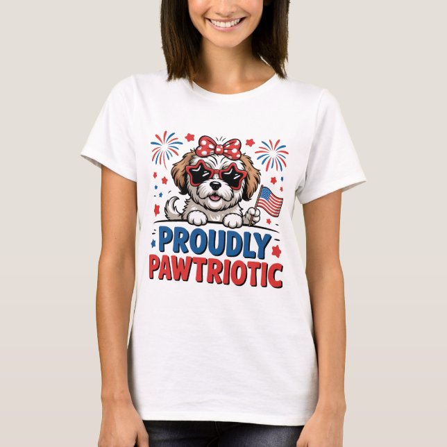 Stolt Pawtriotisk Hund Röd Vit Blå Söt T Shirt (Framsida)
