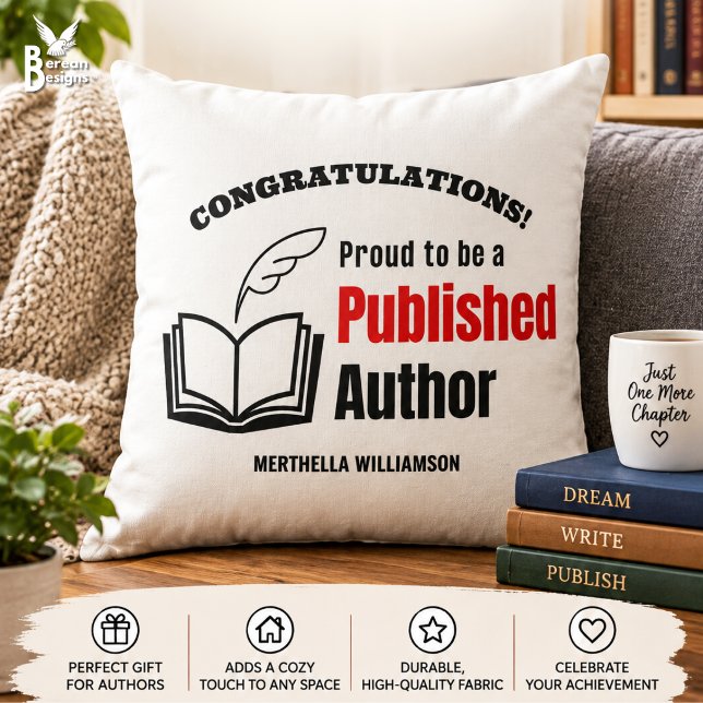 Stolt publicerad författare kudde (Personalised throw pillow with “Congratulations! Proud to be a Published Author” design.)