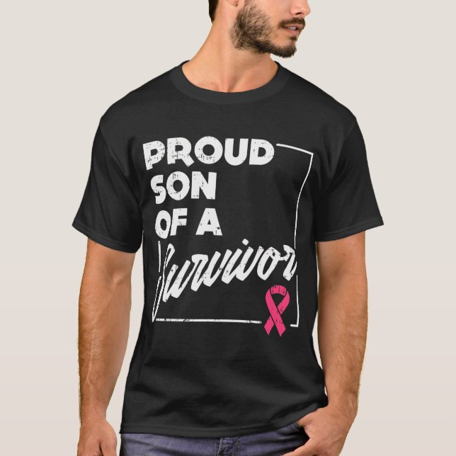 stolt son till Survivor Bröstcancer medvetenhet T Shirt (Framsida)