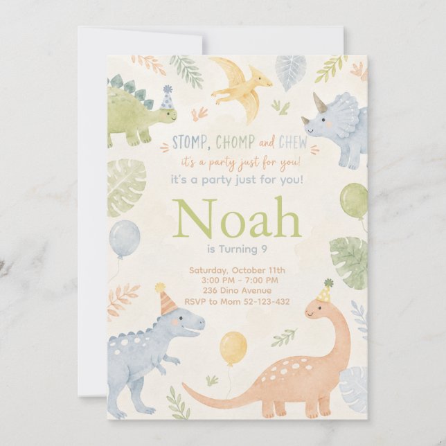 Stomp Chomp And Chew Dinosaur Invitation Editable Inbjudningar (Framsida)