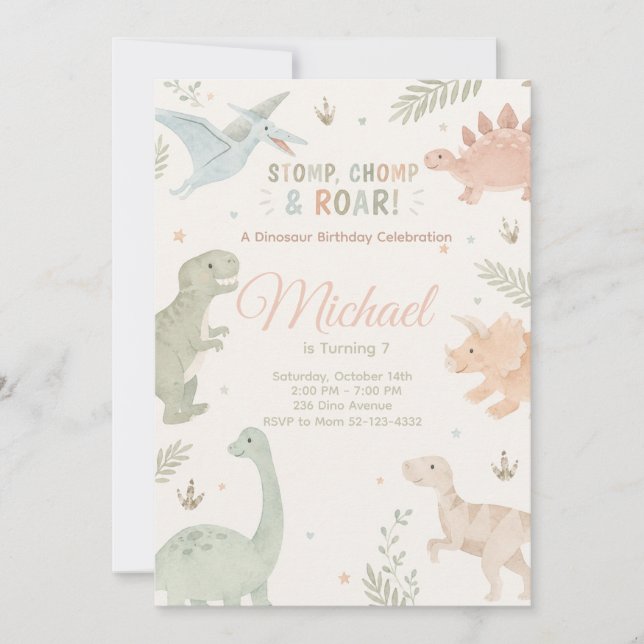 Stomp Chomp And Roar Dinosaur Invitation Editable Inbjudningar (Framsida)