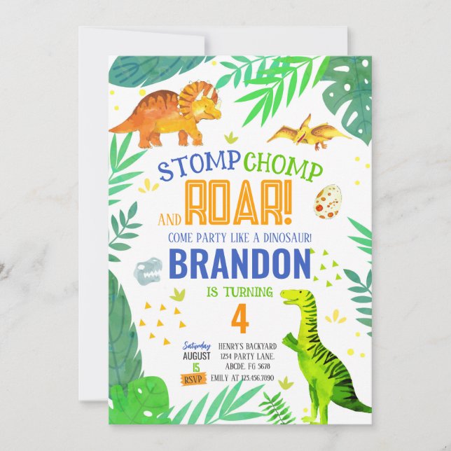 Stomp Chomp och Roar Boy Dinosaur Birthday Inbjudningar (Framsida)