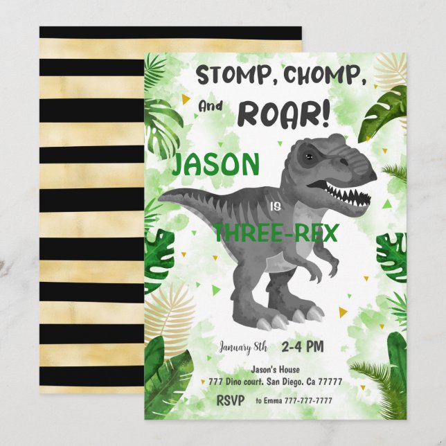 STOMP CHOMP och ROAR! Dess Dinosaur Inbjudningar (Fram/baksida)