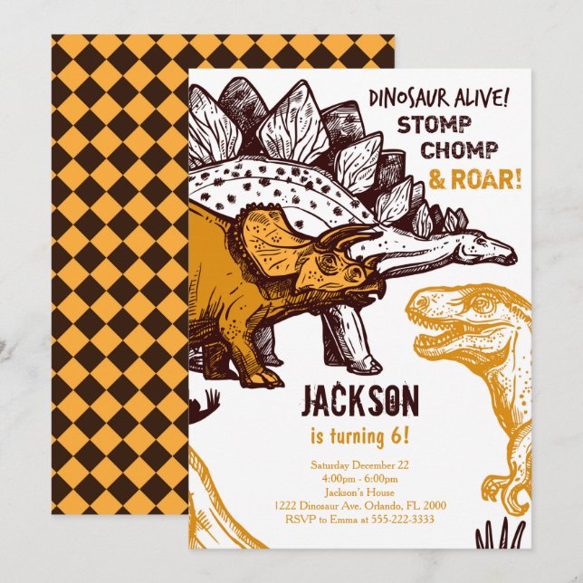 Stomp, Chomp och Roar! Dinosaur Birthday Inbjudan (Fram/baksida)