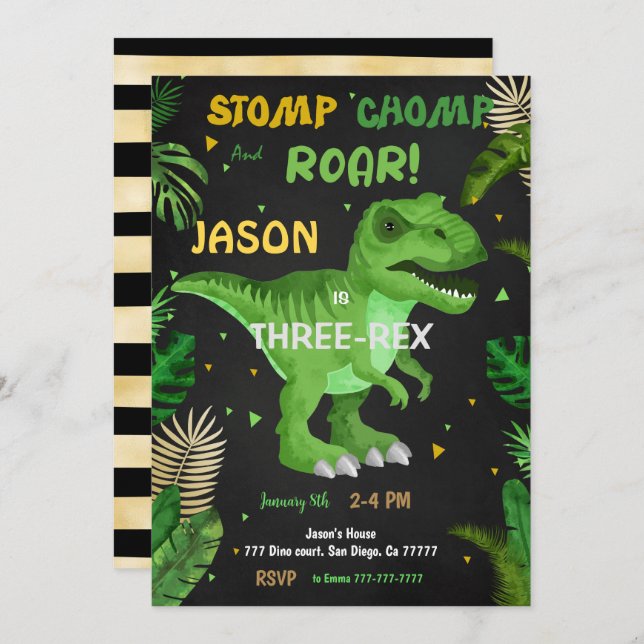 STOMP CHOMP och ROAR! Dinosaur Birthday Inbjudningar (Fram/baksida)