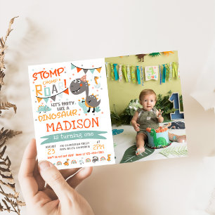 Stomp, Chomp och Roar Dinosaur Birthday Photo Inbjudningar