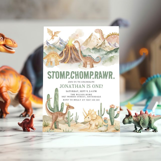 Stomp Chomp Rawr Boy Dinosaur 1:a födelsedagen Par Inbjudningar (Skapare uppladdad)