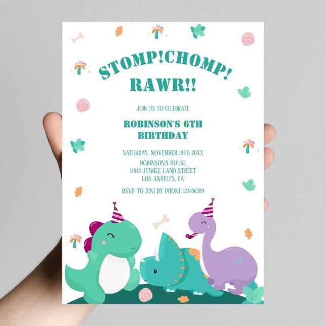 Stomp Chomp Rawr Cute Dinosaur Birthday Inbjudningar (Skapare uppladdad)