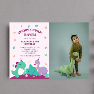 Stomp Chomp Rawr Cute Rosa Dinosaur Birthday Photo Inbjudningar