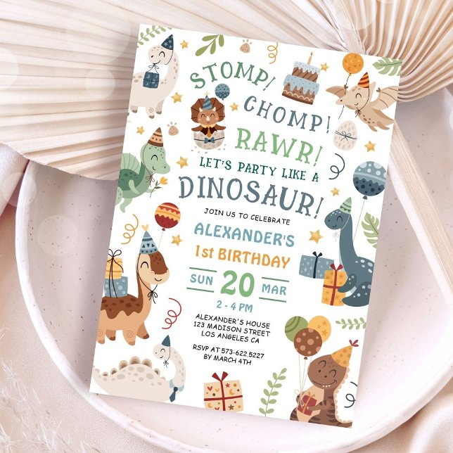 Stomp Chomp Rawr Dinosaur 1st Birthday Party Boy Inbjudningar (Skapare uppladdad)