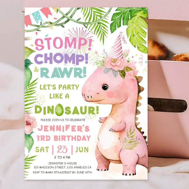 Stomp Chomp Rawr! Dinosaur 3rd Birthday Girl Rosa Inbjudningar (#DinosaurBirthdayInvitation #DinosaurBirthdayInvite #GirlDinosaurBirthdayInvitation
)