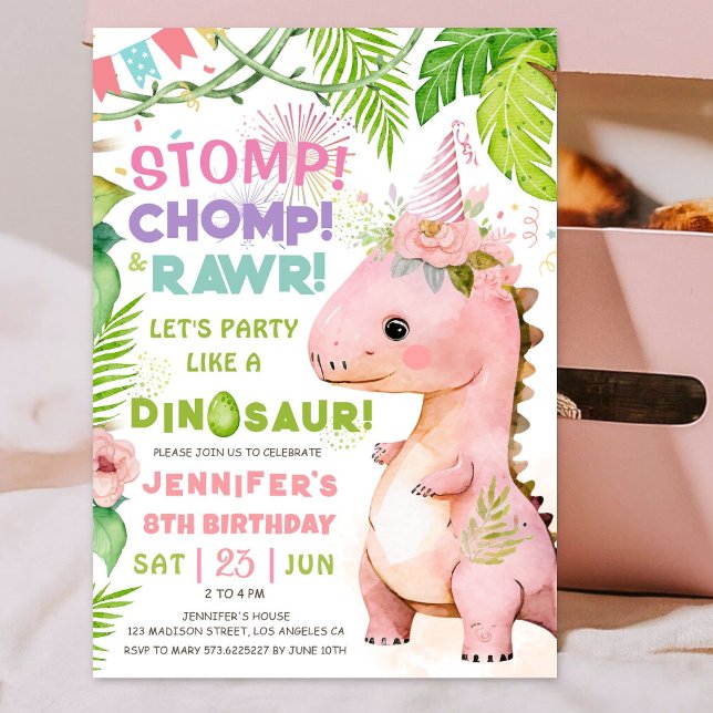 Stomp Chomp Rawr! Dinosaur 8th Birthday Girl Rosa Inbjudningar (#DinosaurBirthdayInvitation #DinosaurBirthdayInvite #GirlDinosaurBirthdayInvitation
)