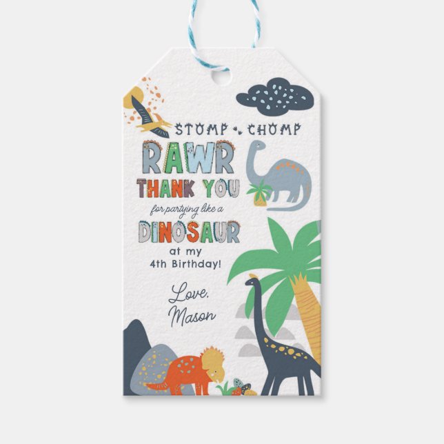 Stomp Chomp Rawr Dinosaur Birthday Tack Presentetikett (Framsidan)