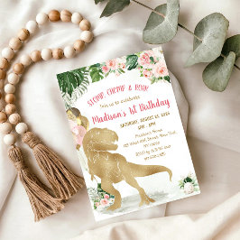 Stomp, Chomp, Road Dinosaur Gold Pink Birthday Inbjudningar