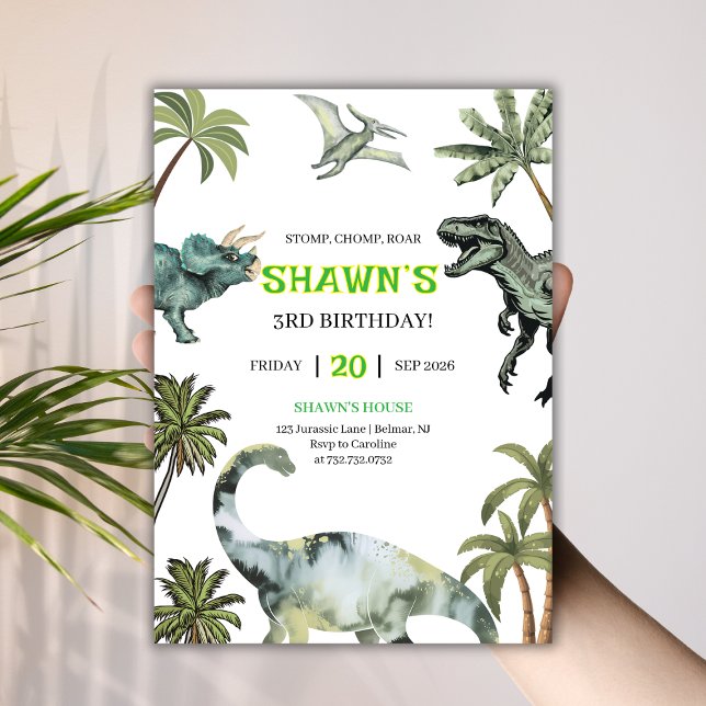 Stomp, Chomp, Roar! Dinosaur 3:e födelsedagen Part Inbjudningar (Stomp, Chomp, Roar! Dinosaur 3rd Birthday Party Invitation
)
