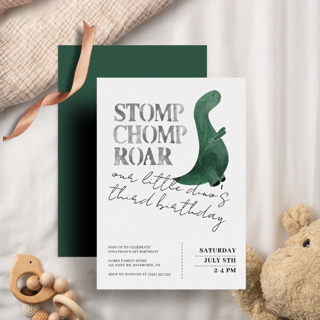 Stomp Chomp Roar Dinosaur 3:e födelsedagen Party B Inbjudningar (Skapare uppladdad)