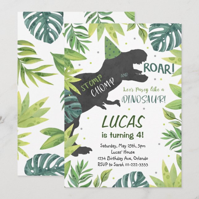 Stomp Chomp Roar Dinosaur Birthday-inbjudan Inbjudningar (Fram/baksida)