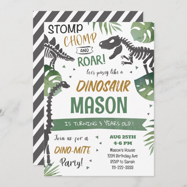 Stomp Chomp Roar Dinosaur Birthday-inbjudan Inbjudningar (Fram/baksida)