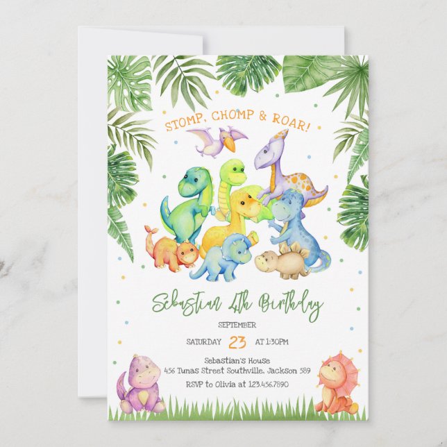 Stomp Chomp Roar Dinosaur Birthday Invitation Inbjudningar (Framsida)