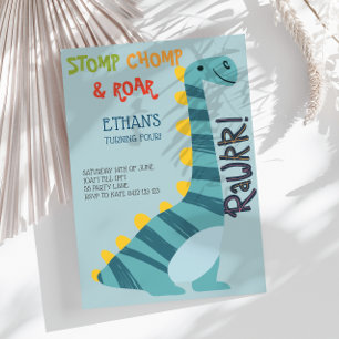 Stomp Chomp Roar Dinosaur Fyra födelsedagar Inbjudningar