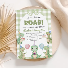 Stomp Chomp Roar Dinosaur Gingham 1st Birthday Inbjudningar