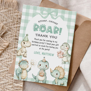 Stomp Chomp Roar Dinosaur Gingham 1st Birthday Tack Kort