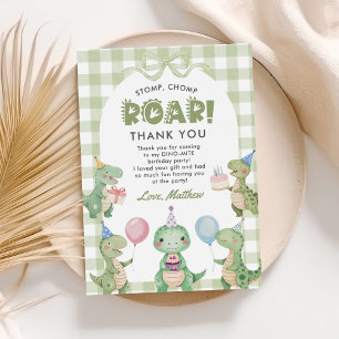 Stomp Chomp Roar Dinosaur Gingham 1st Birthday Tack Kort