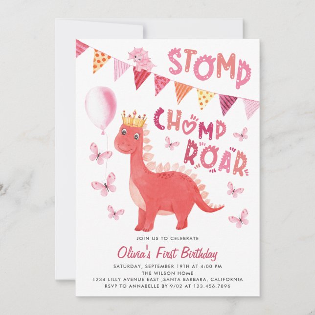 Stomp Chomp Roar Dinosaur Girl 1st Birthday Party Inbjudningar (Framsida)
