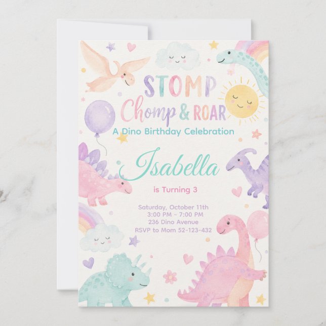 Stomp Chomp & Roar Dinosaur Invitation Editable Inbjudningar (Framsida)