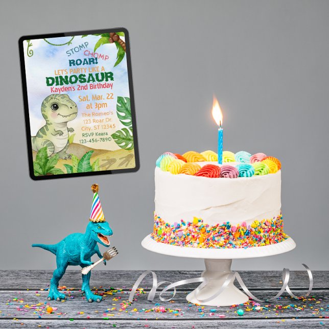 Stomp, Chomp, Roar, Dinosaur Watercolor Birthday Inbjudningar (Skapare uppladdad)