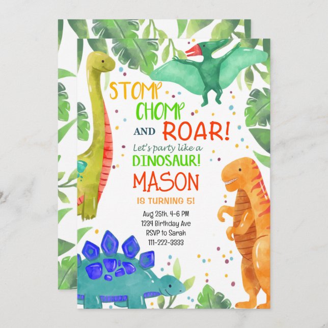 Stomp Chomp Roar Dinosaurs Birthday-inbjudan Inbjudningar (Fram/baksida)
