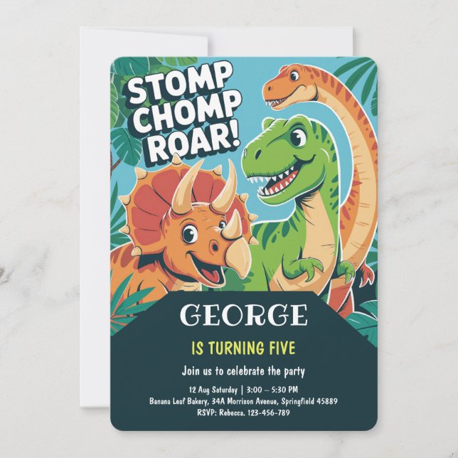 Stomp Chomp Roar | Fun Cute Dinosaurs 5th Birthday Inbjudningar (Framsida)